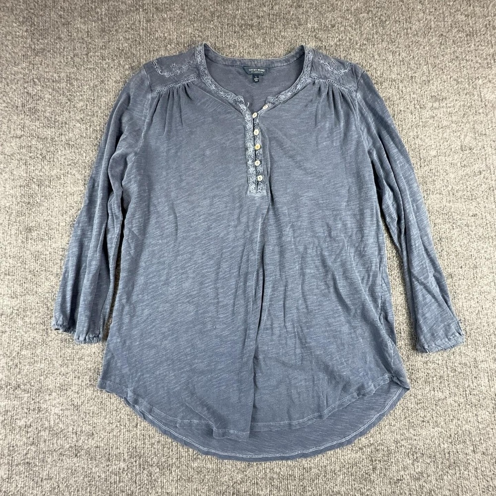 Lucky Brand Blouse Womens Large Blue Embroidered Henley Long Sleeve Tunic Top